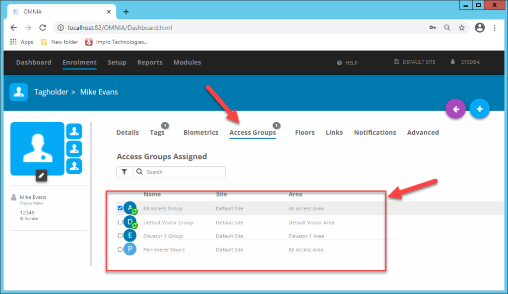 Select OMNIA Access groups applicable to the Tagholder.