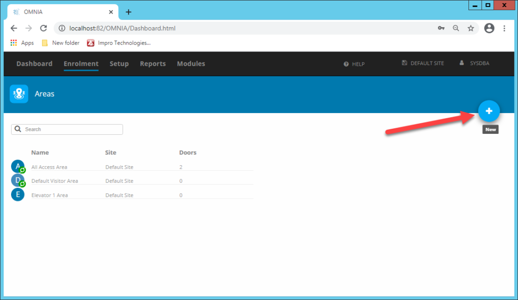 In OMNIA navigated to Enrollment, select Access, then select Areas, click the blue '+' symbol to create a new Area.