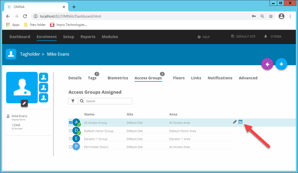 To grant temporary access to a specific area, use the area expiry feature. This will disable the selected Access Group according to the end date.