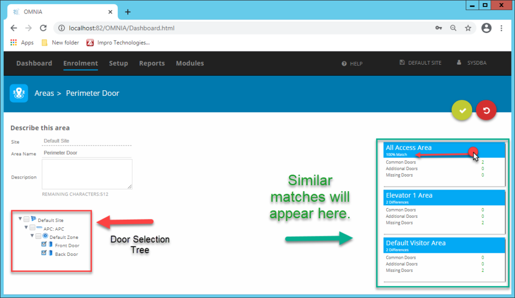 Expand the Door Selection Tree, Select the doors that will be accessed in this area and save again.