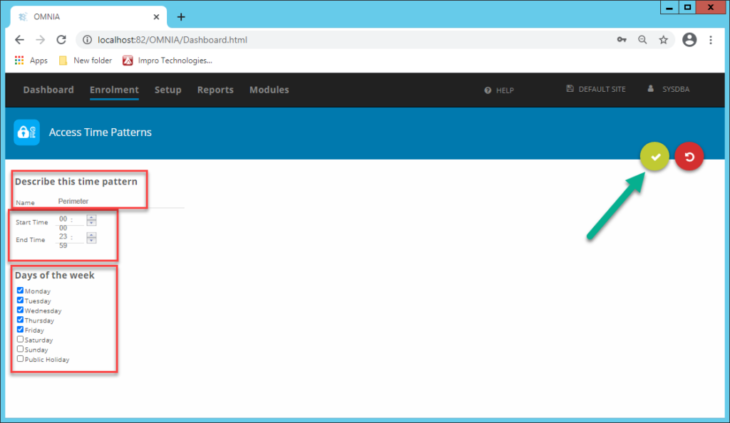 In OMNIA to create a new Access Time Pattern, navigate to Enrollment, Select Access Time Patterns, select the blue '+' to create a new Access Time Pattern. Describe the time pattern, select your start and end times, select the days of the week and then save using the green check mark button.