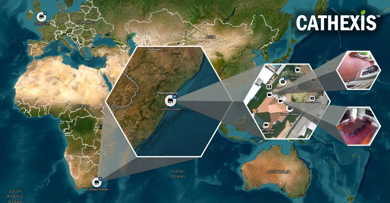 World map showing Cathexis locations with hexagonal overlays and connecting beams, centered on Durban, South Africa, with a large Cathexis logo in the top-right corner.