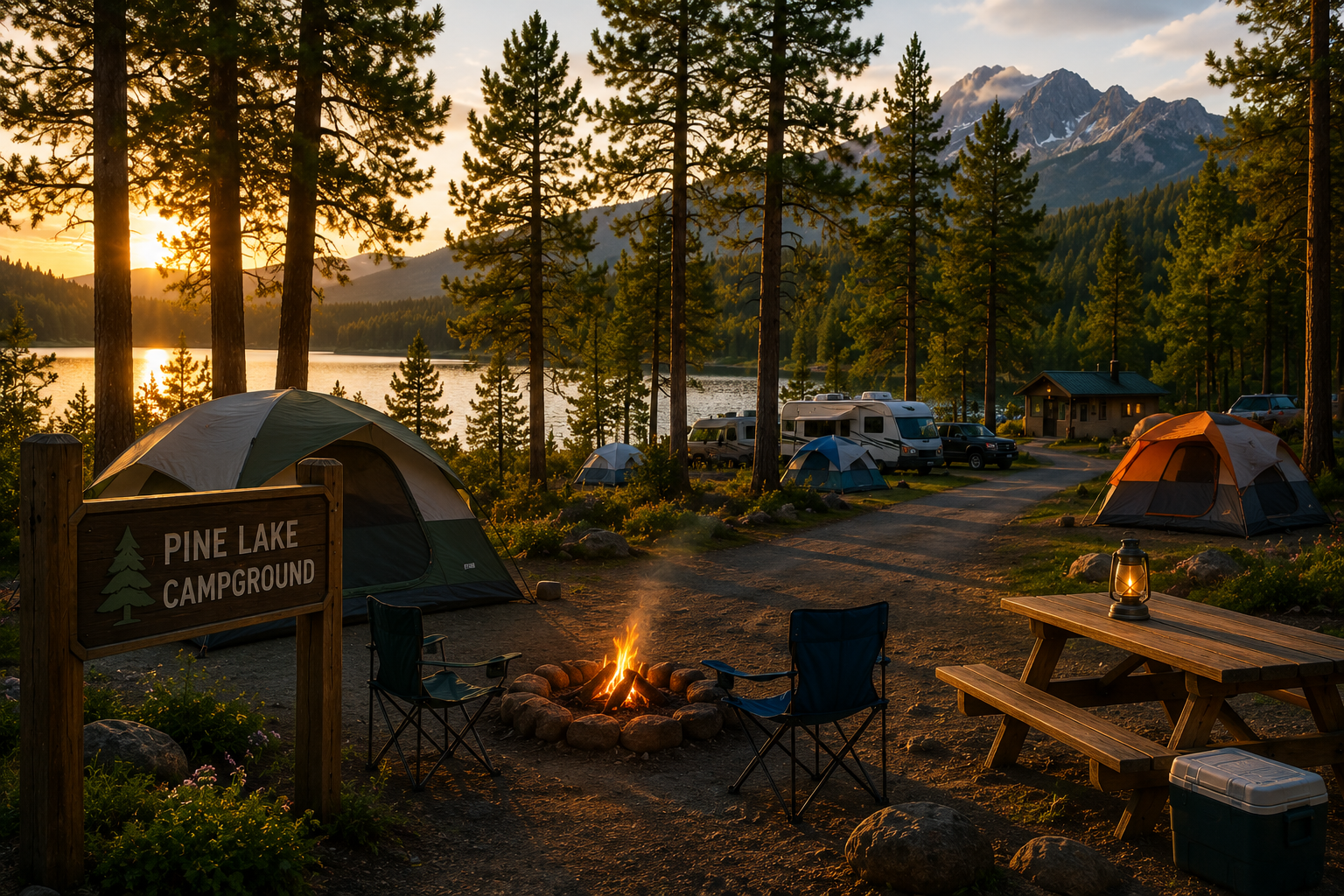 campground blog post | PMT Security Sunset at Pine Lake Campground with tents around a campfire by the lake and tall pines framing the scene.