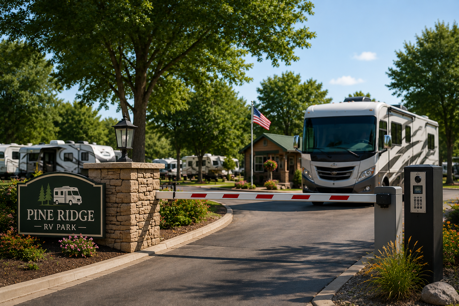 RV leaving a park featuring access control
