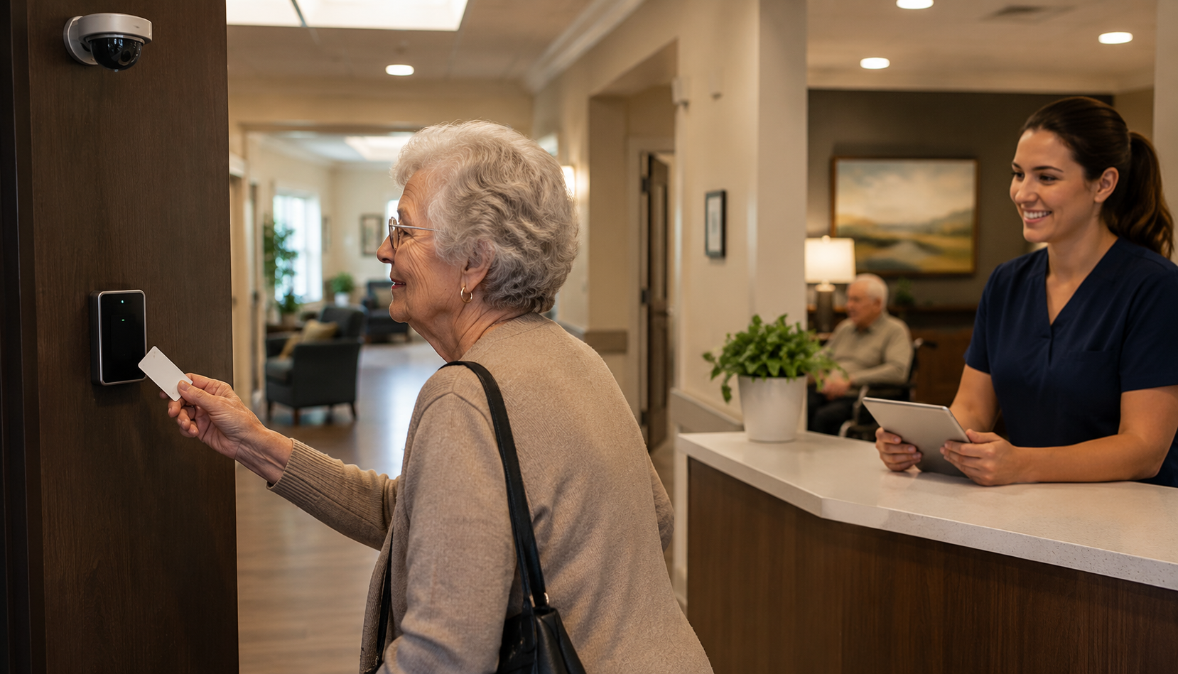 Elderly woman using access control system