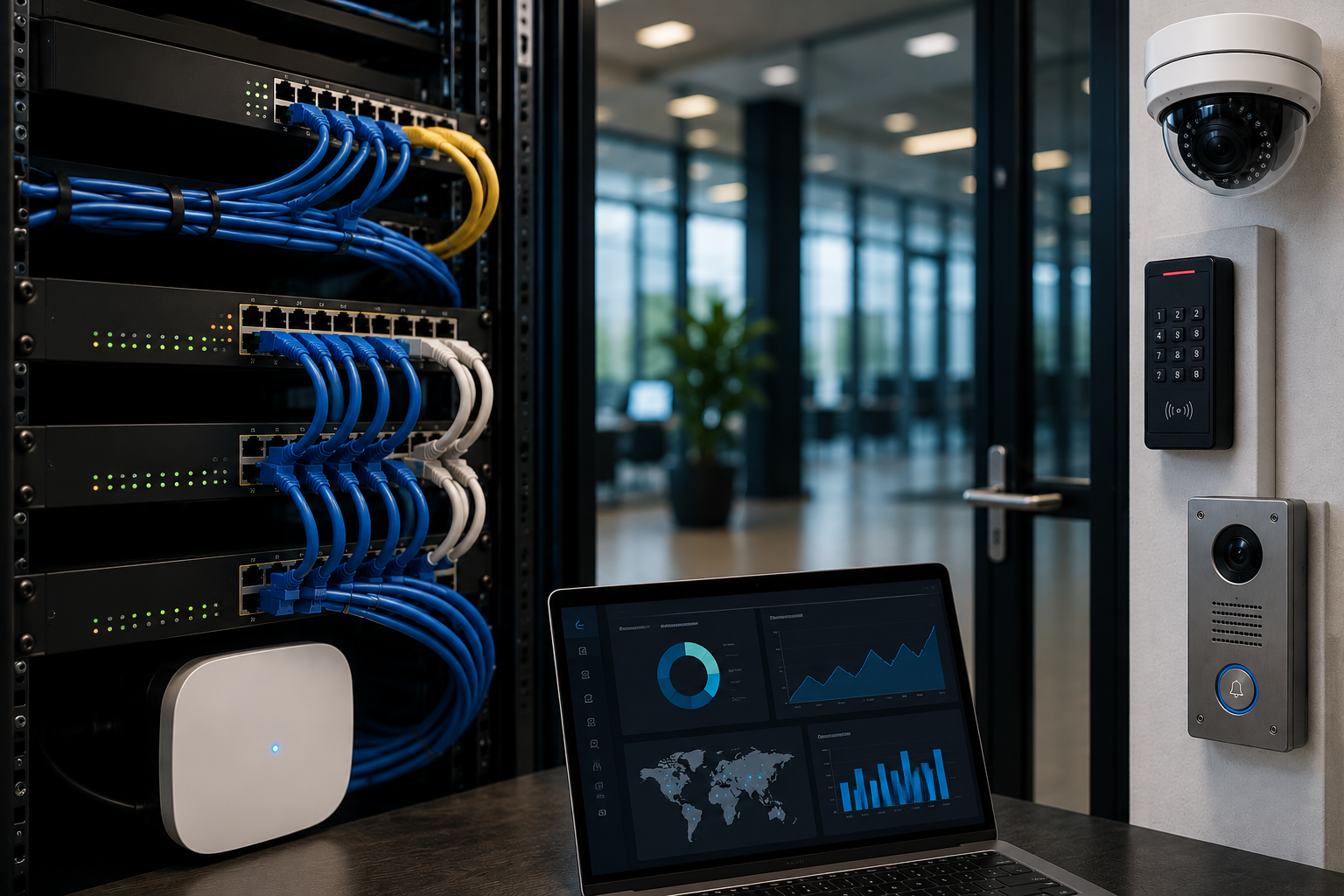 Cloud-managed networking infrastructure supporting CCTV cameras, access control, intercoms, and security devices